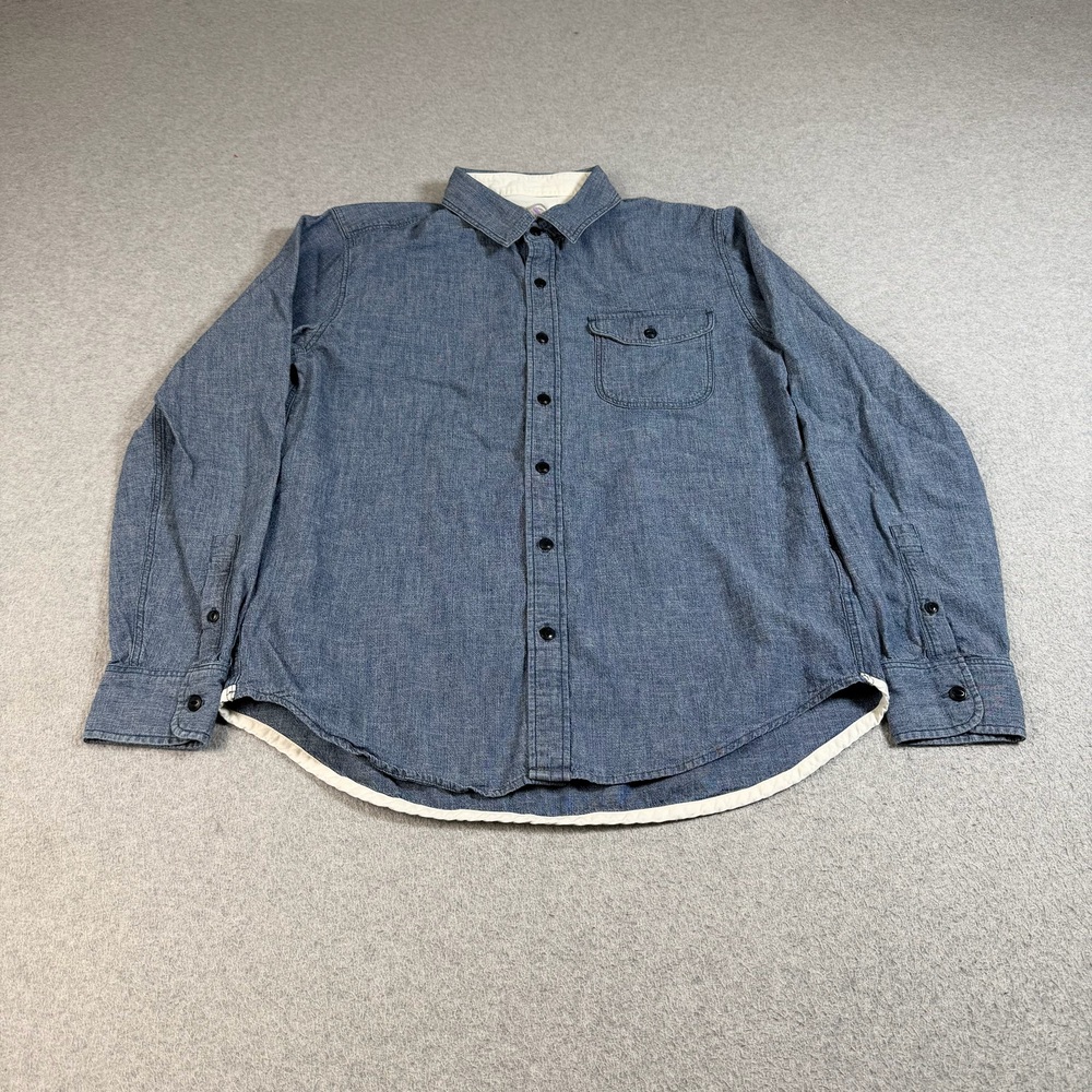 Outerknown Shirt Mens Large Blue Chambray Band Collar Button Classic Heritage